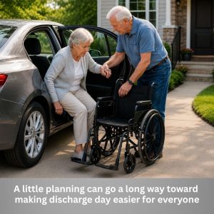 Elderly husband helping his wife transfer from a car to a wheelchair after returning home from a hospital stay.