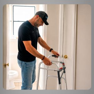 Checking bathroom doorway accessibility for a walker in a residential home.
